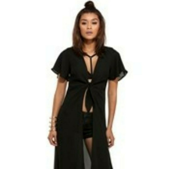 Unknown Jackets & Blazers - Black Shear Flutter Sleeve Duster with tie front